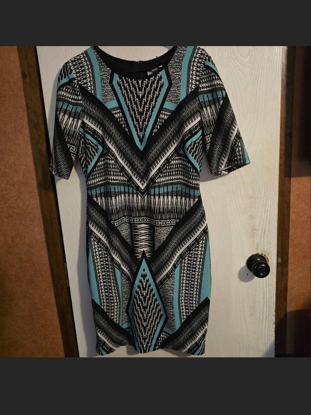 Bisou Bisou Black and Teal Geometric Sheath Dress